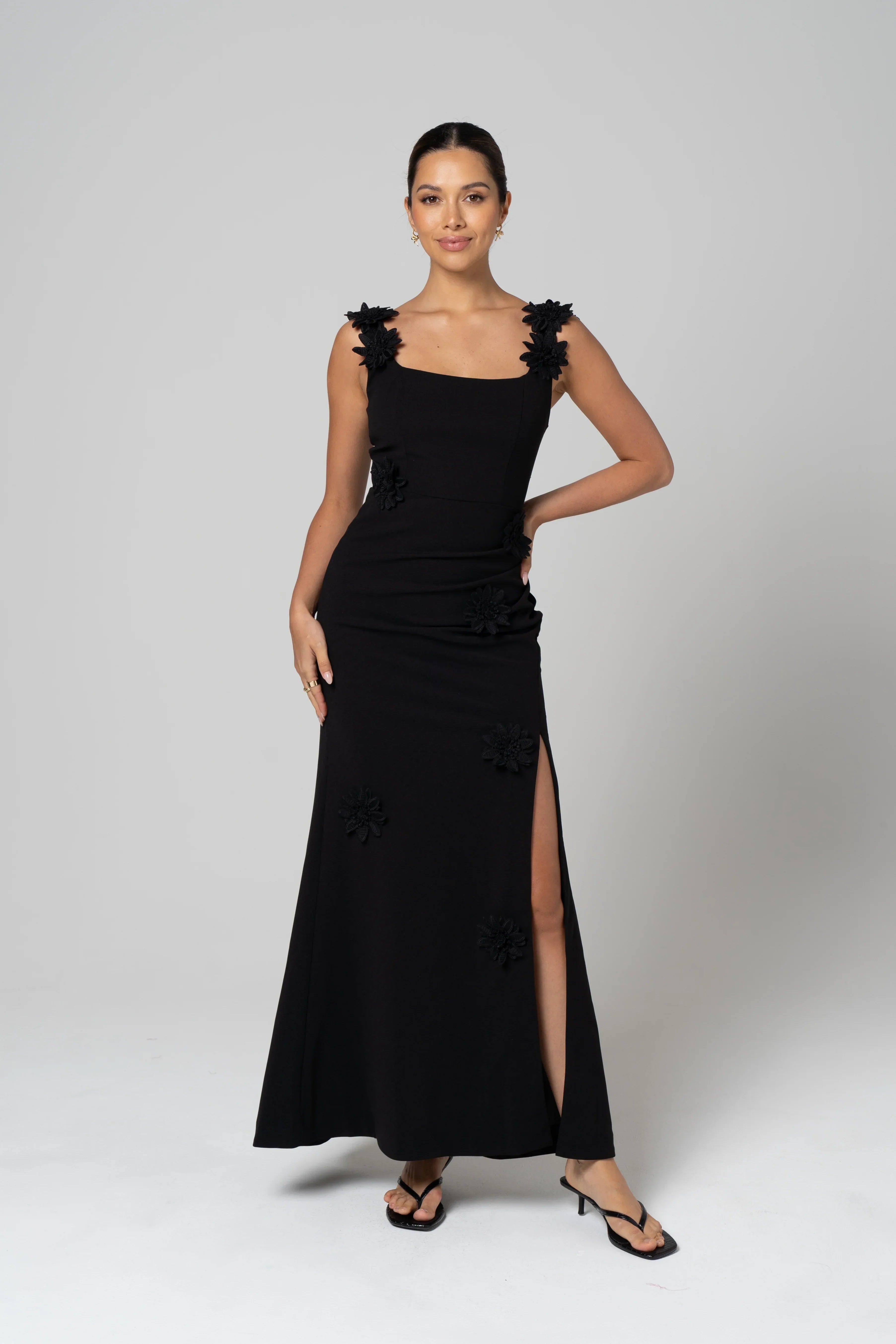Luciana Black Maxi Dress With 3D Flowers
