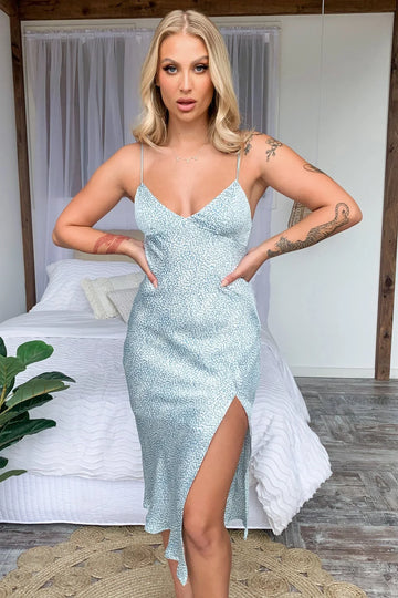 Jennifer Satin Midi Dress - Teal Polka