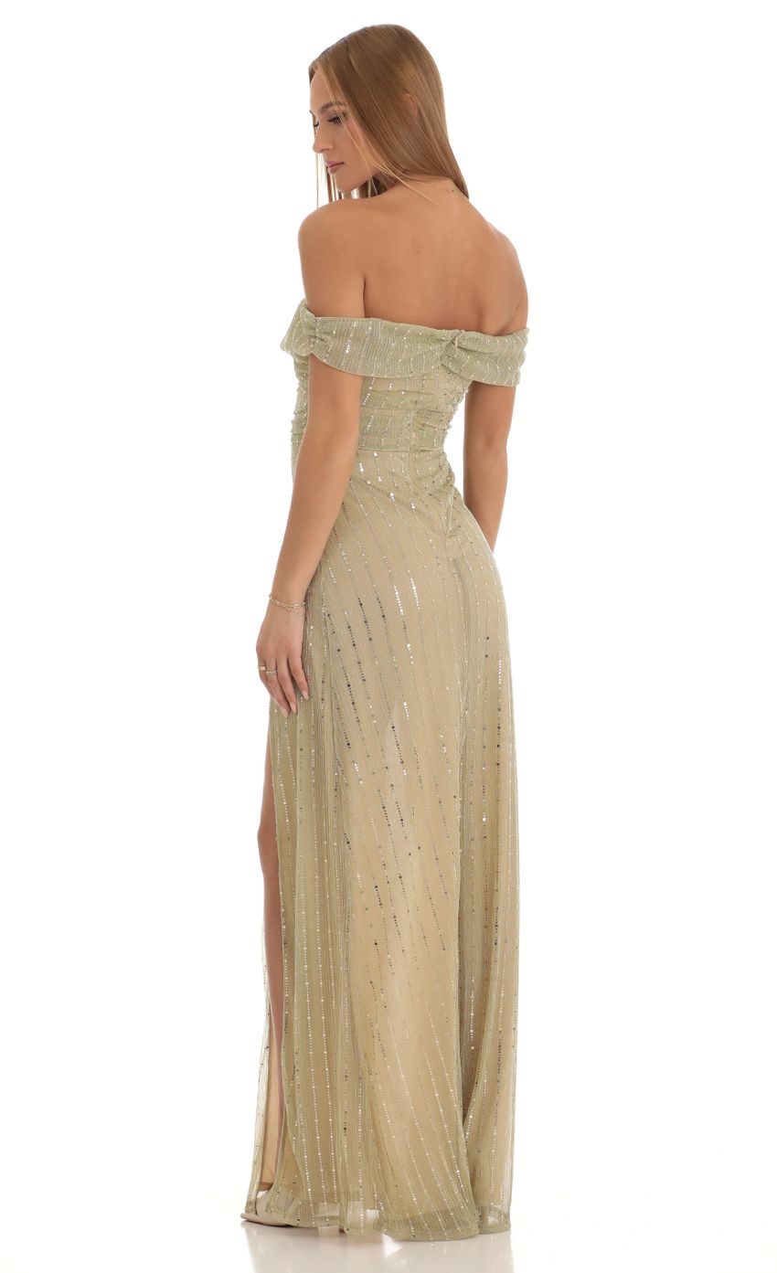 Sequin Striped Off The Shoulder Maxi Dress in Gold