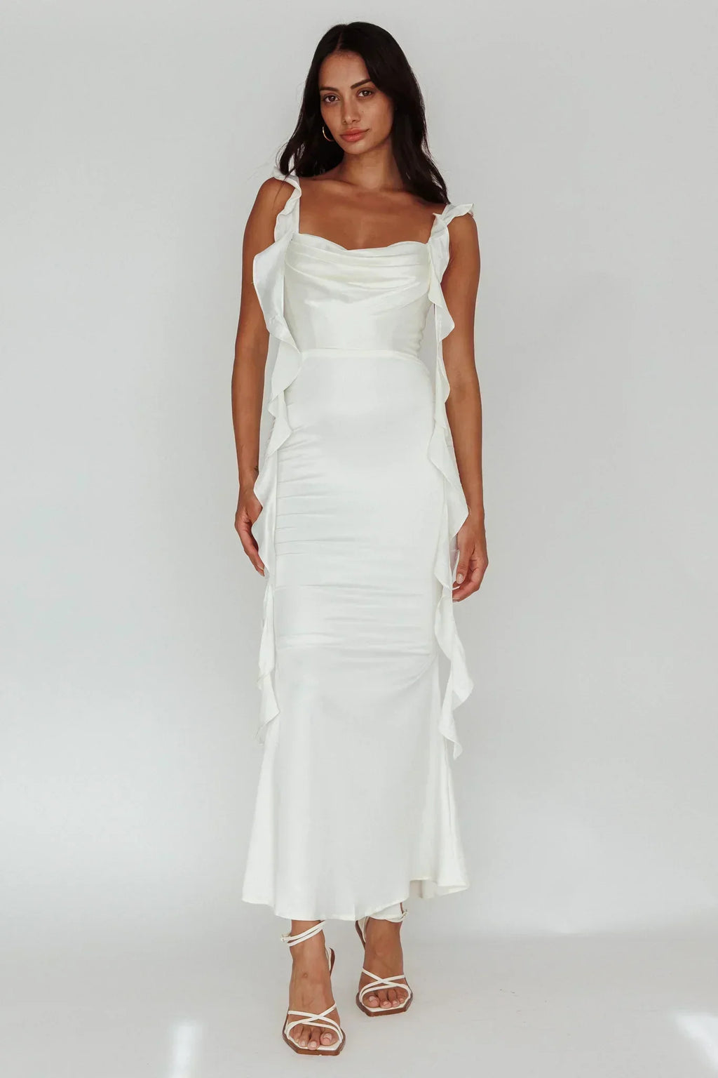 Blushing Ruffle Trim Midi Dress Oyster