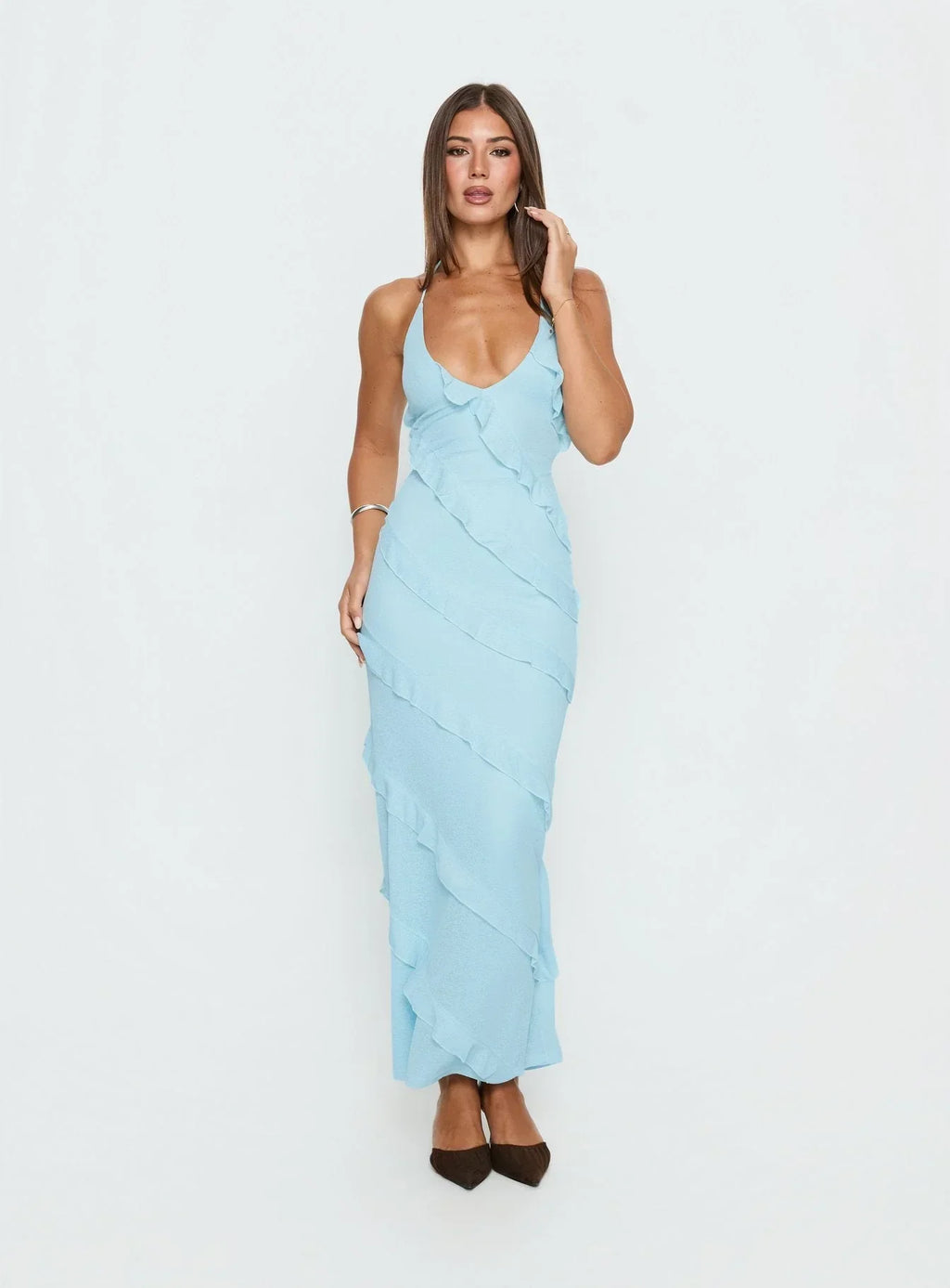 Adesta Frill Halter Maxi Dress Blue