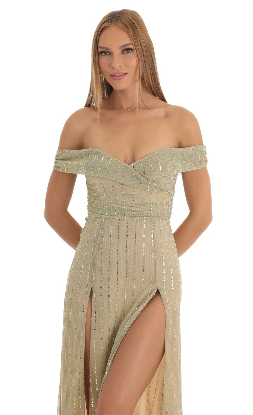 Sequin Striped Off The Shoulder Maxi Dress in Gold