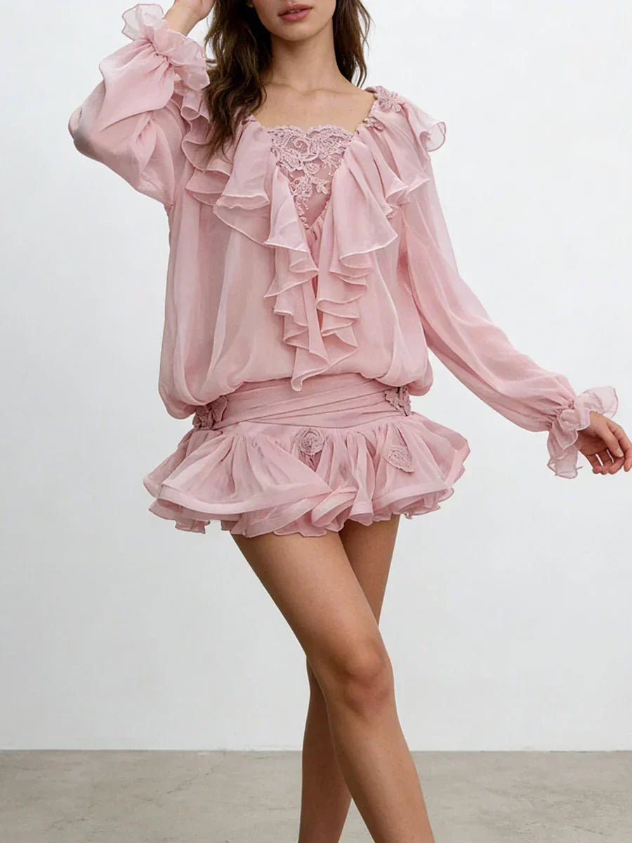 Ruffles Long Sleeve Mesh Mini Dress