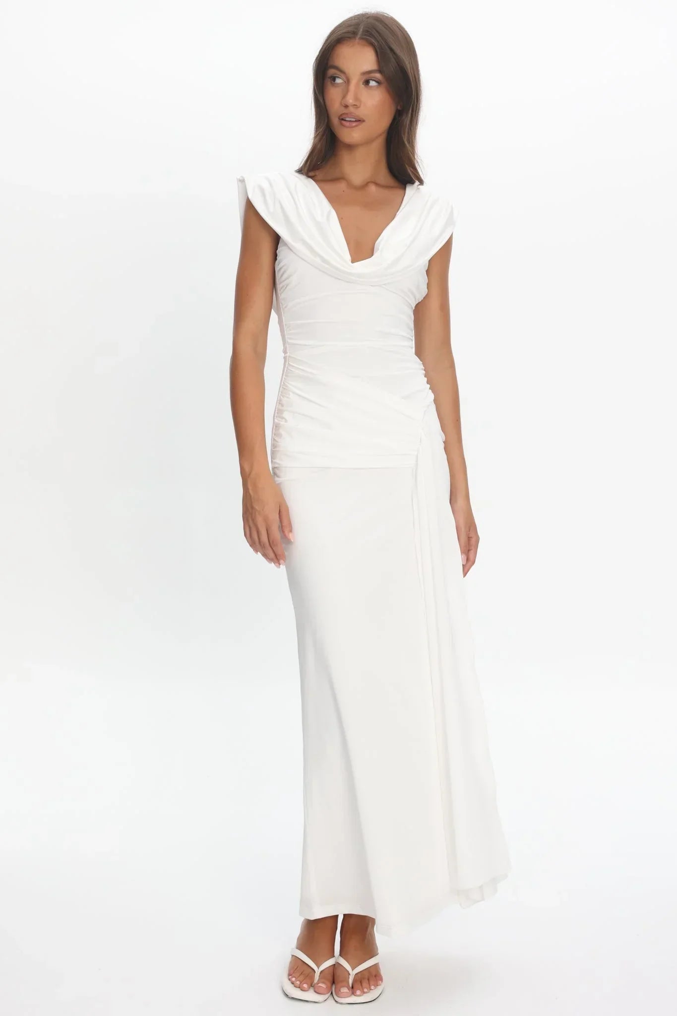 Fermi Draped Shoulder Maxi Dress Off White