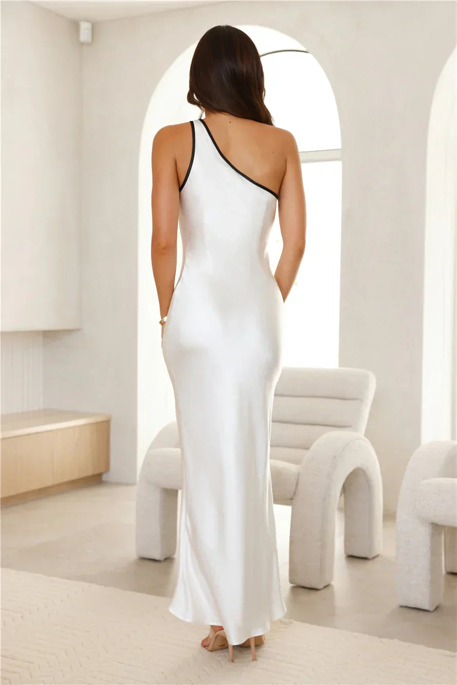 HELLO MOLLY Hollywood Calling Satin One Shoulder Midi Dress White