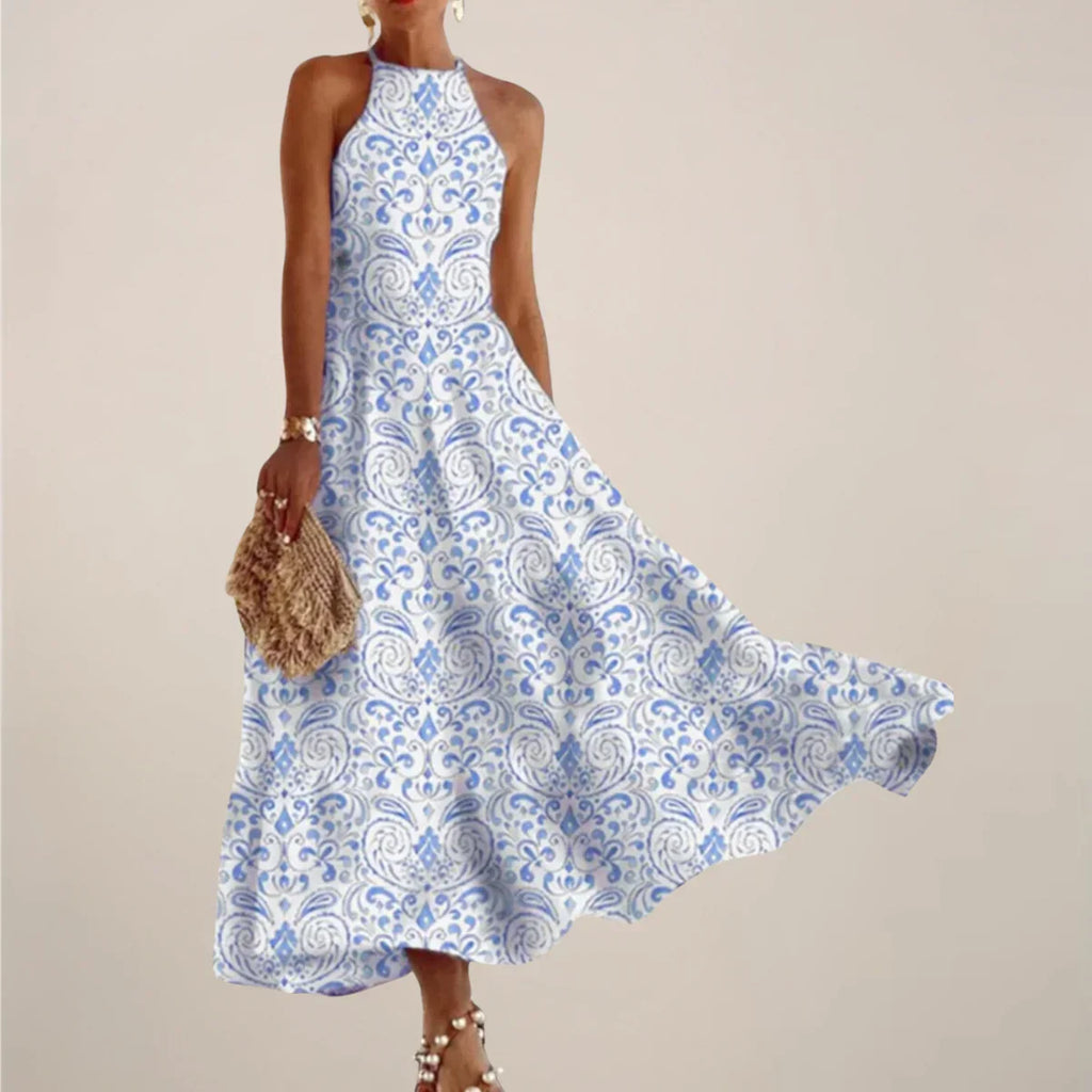 Women’S Printed Halter Neck Maxi Dress – A-Line Flowy Summer Dress