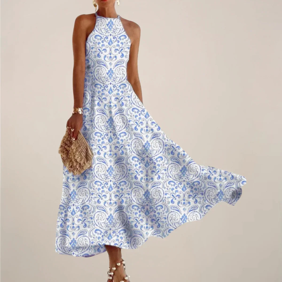 Women’S Printed Halter Neck Maxi Dress – A-Line Flowy Summer Dress