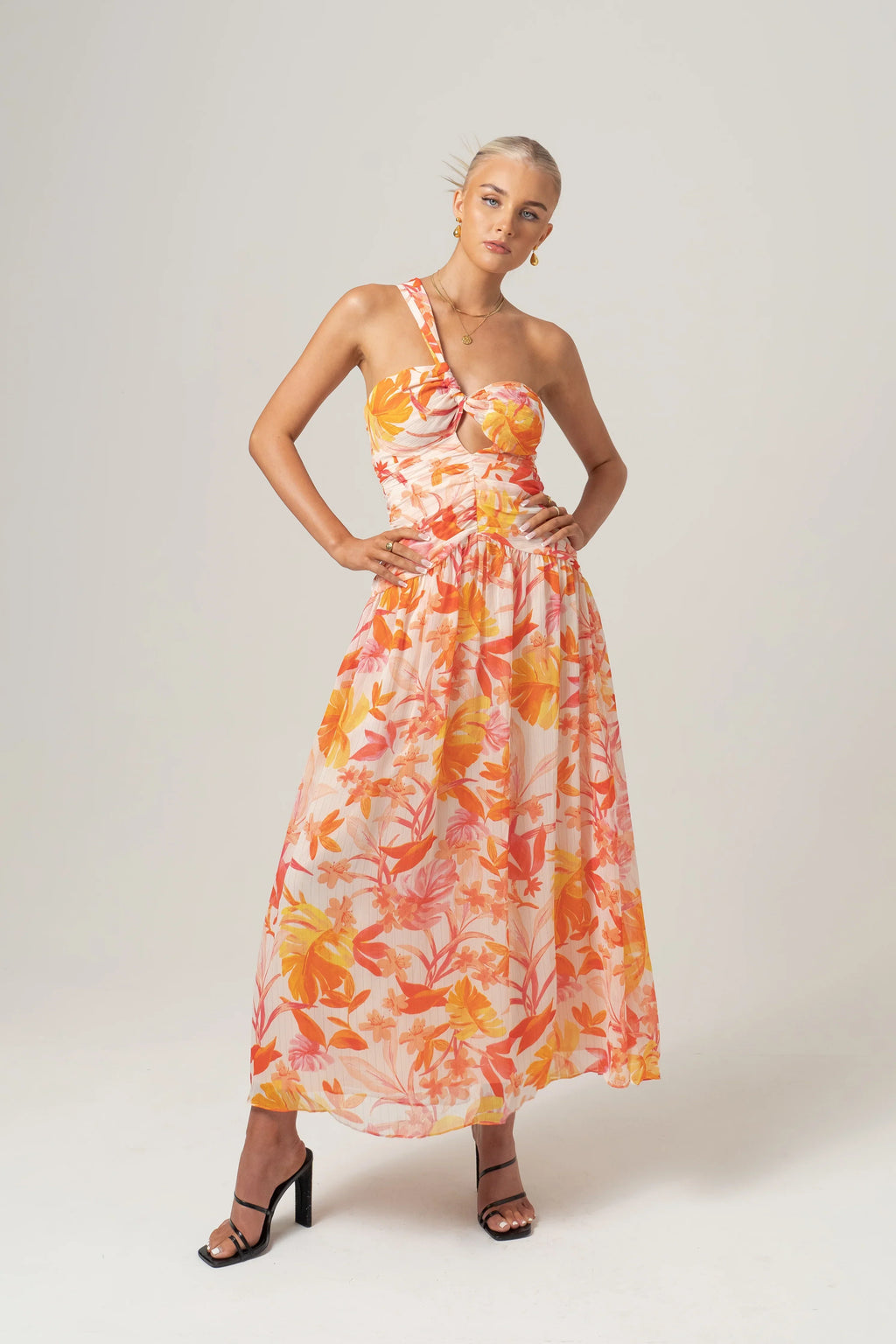 Samara One-Shoulder Midi Dress - Tropical Print