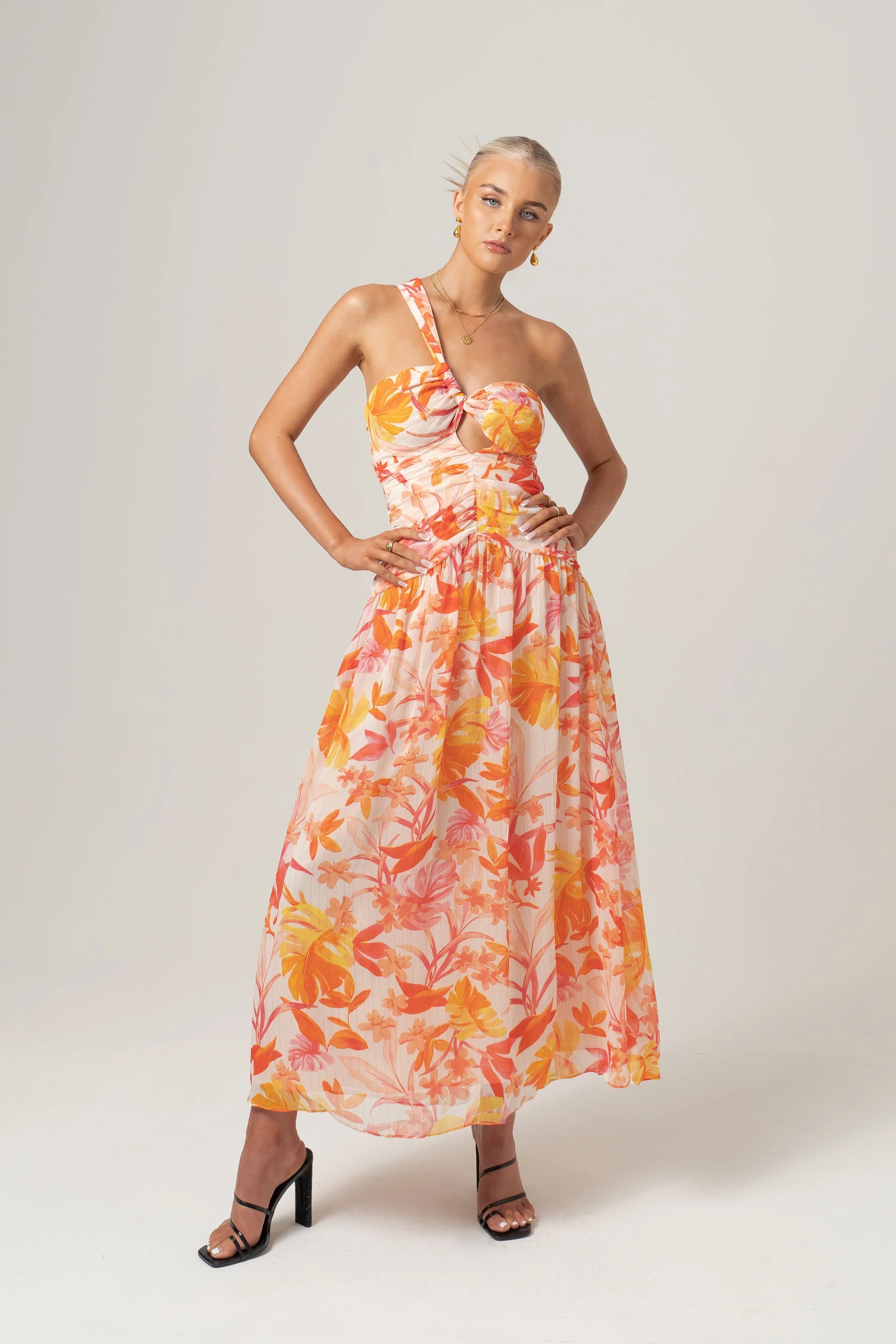 Samara One-Shoulder Midi Dress - Tropical Print
