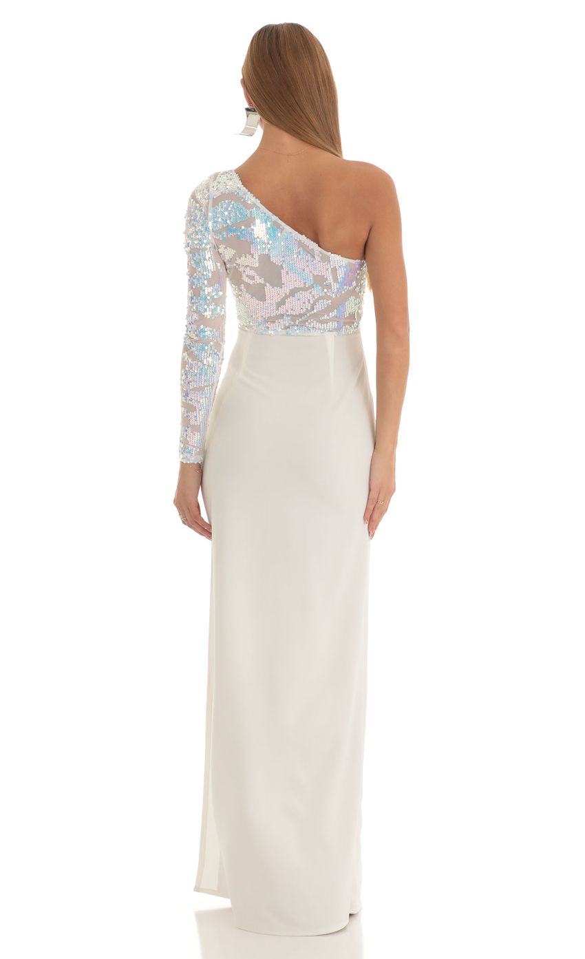 Iridescent Sequin One Shoulder Maxi Dress in White
