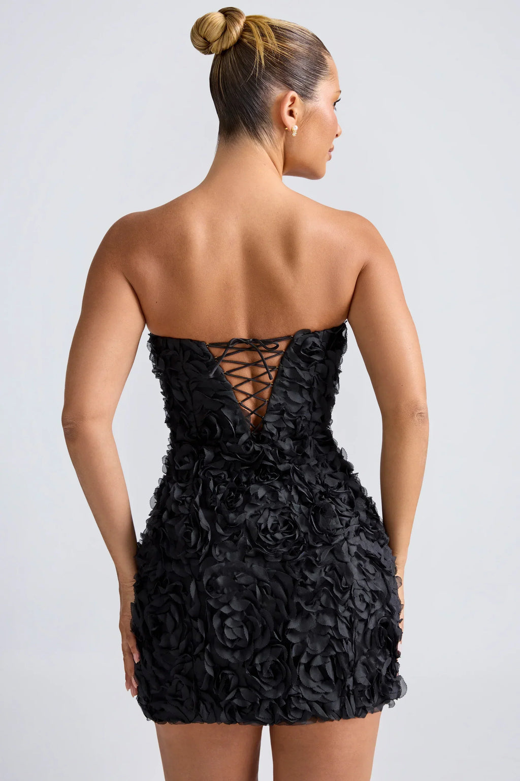 Floral-Appliqué Bandeau A-Line Mini Dress In Black