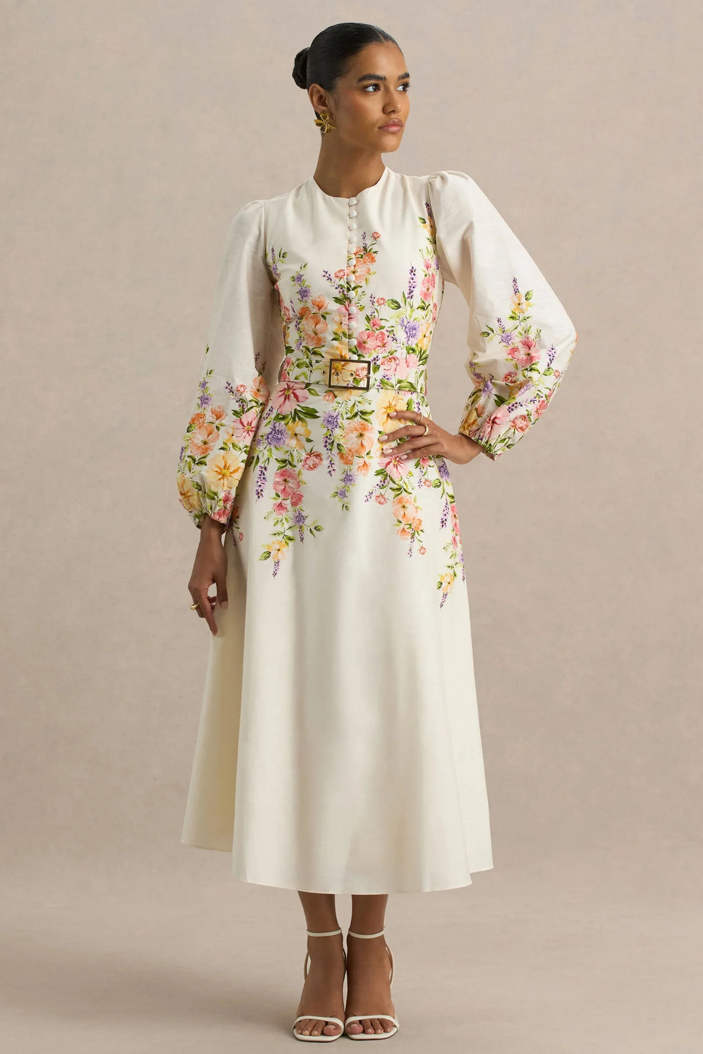 Dahlia | White Floral Border Print High-Neck Midi Dress