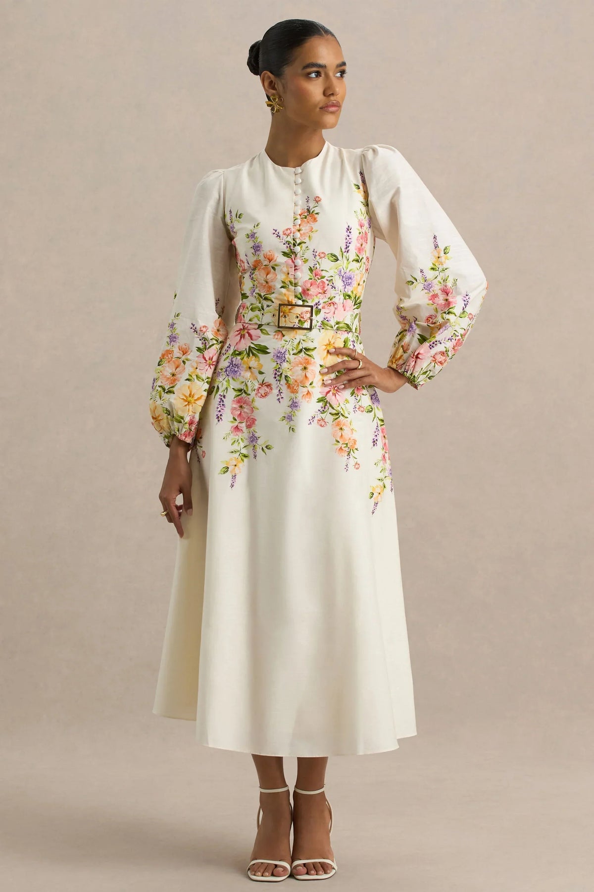 Dahlia | White Floral Border Print High-Neck Midi Dress