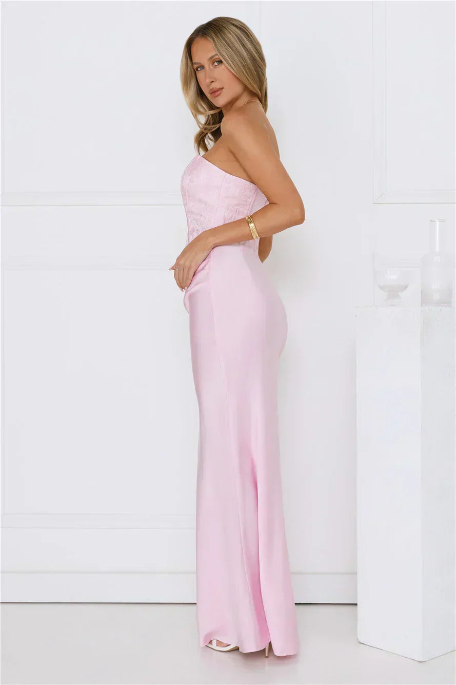 Dressed To Dazzle Strapless Satin Maxi Dress