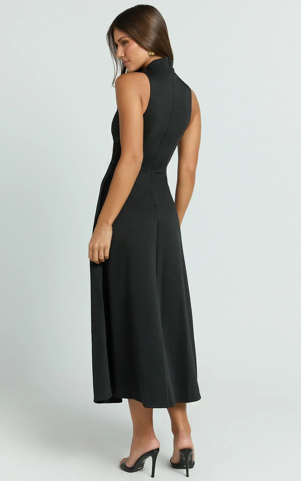 Macy Midi Dress - High Neck A Line Dress In Black