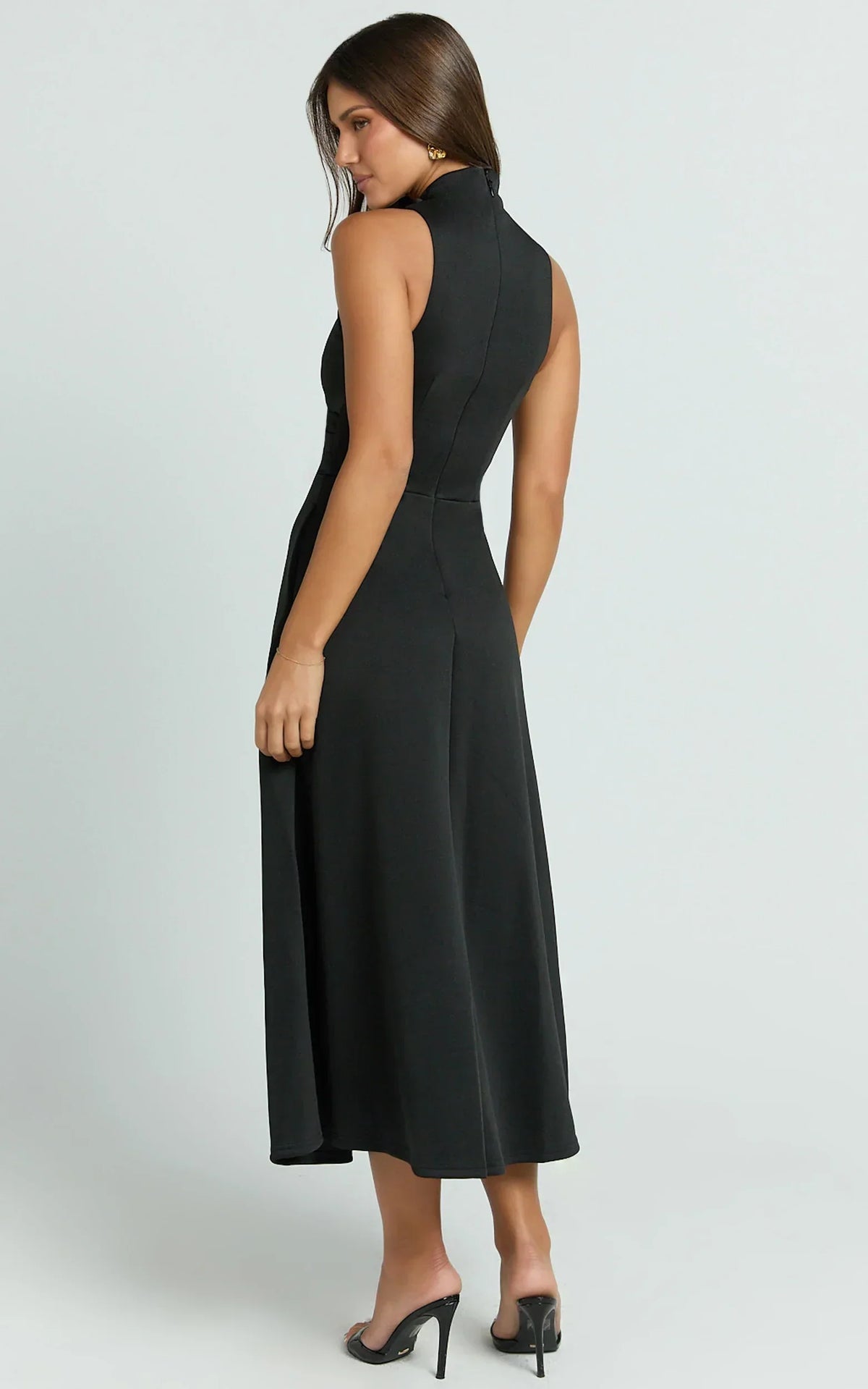 Macy Midi Dress - High Neck A Line Dress In Black