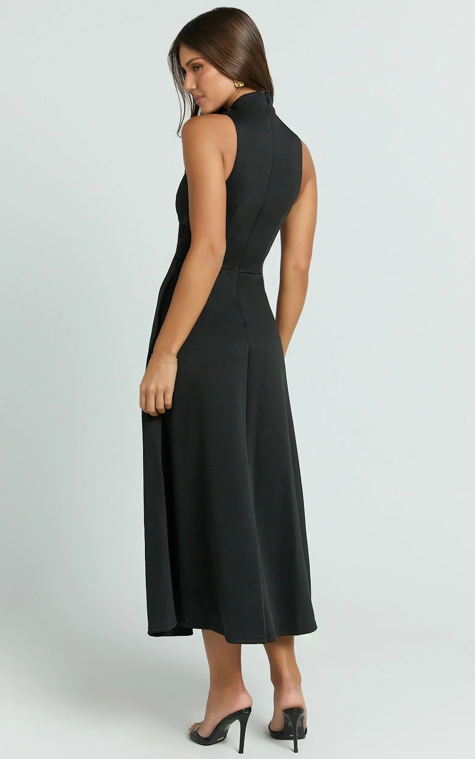 Macy Midi Dress - High Neck A Line Dress In Black