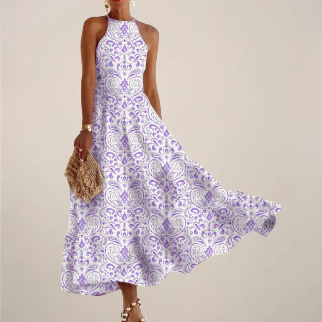 Women’S Printed Halter Neck Maxi Dress – A-Line Flowy Summer Dress