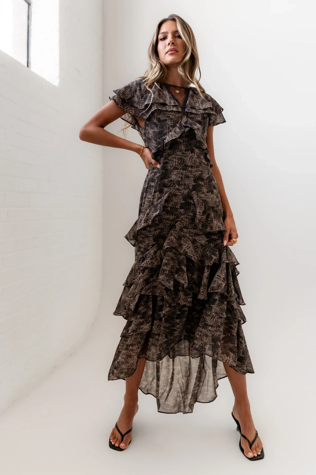 James Ruffle Maxi Dress In Grey