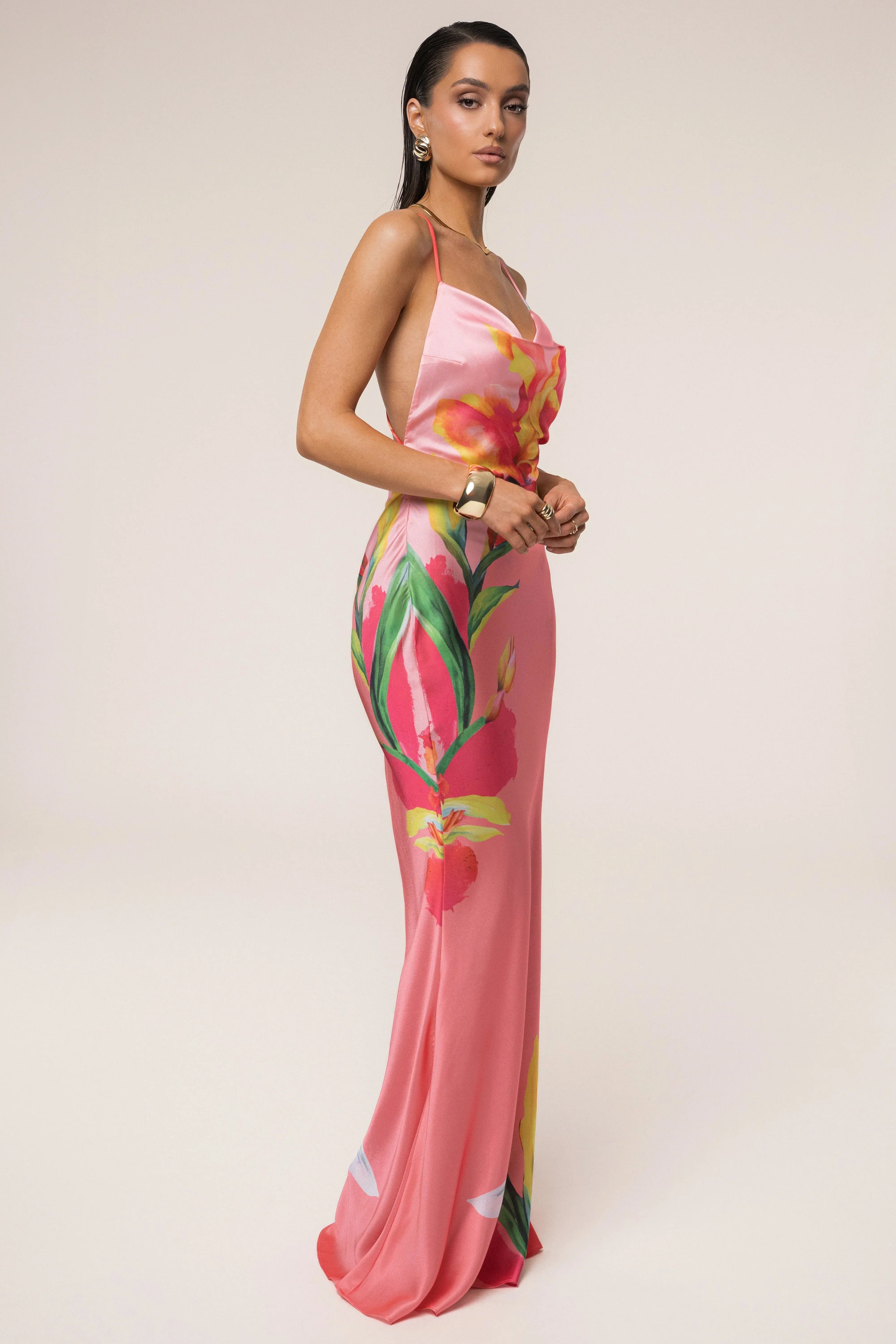 Satin Floral Print Maxi Dress