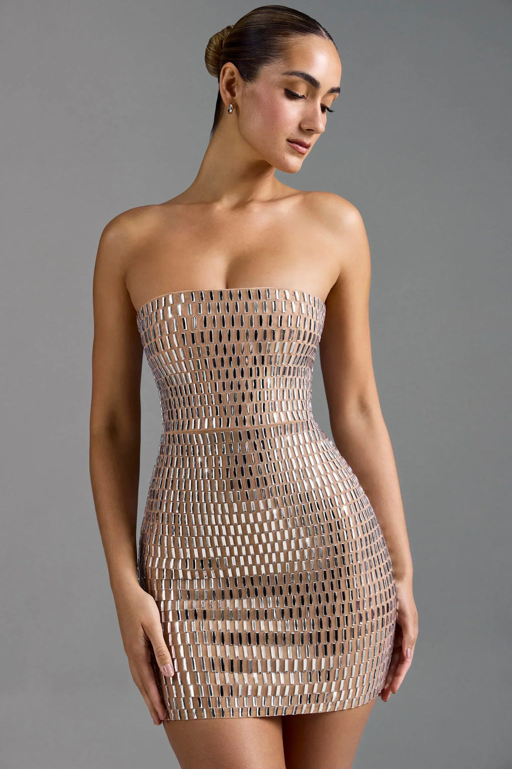 Embellished Bandeau Mini Dress In Almond