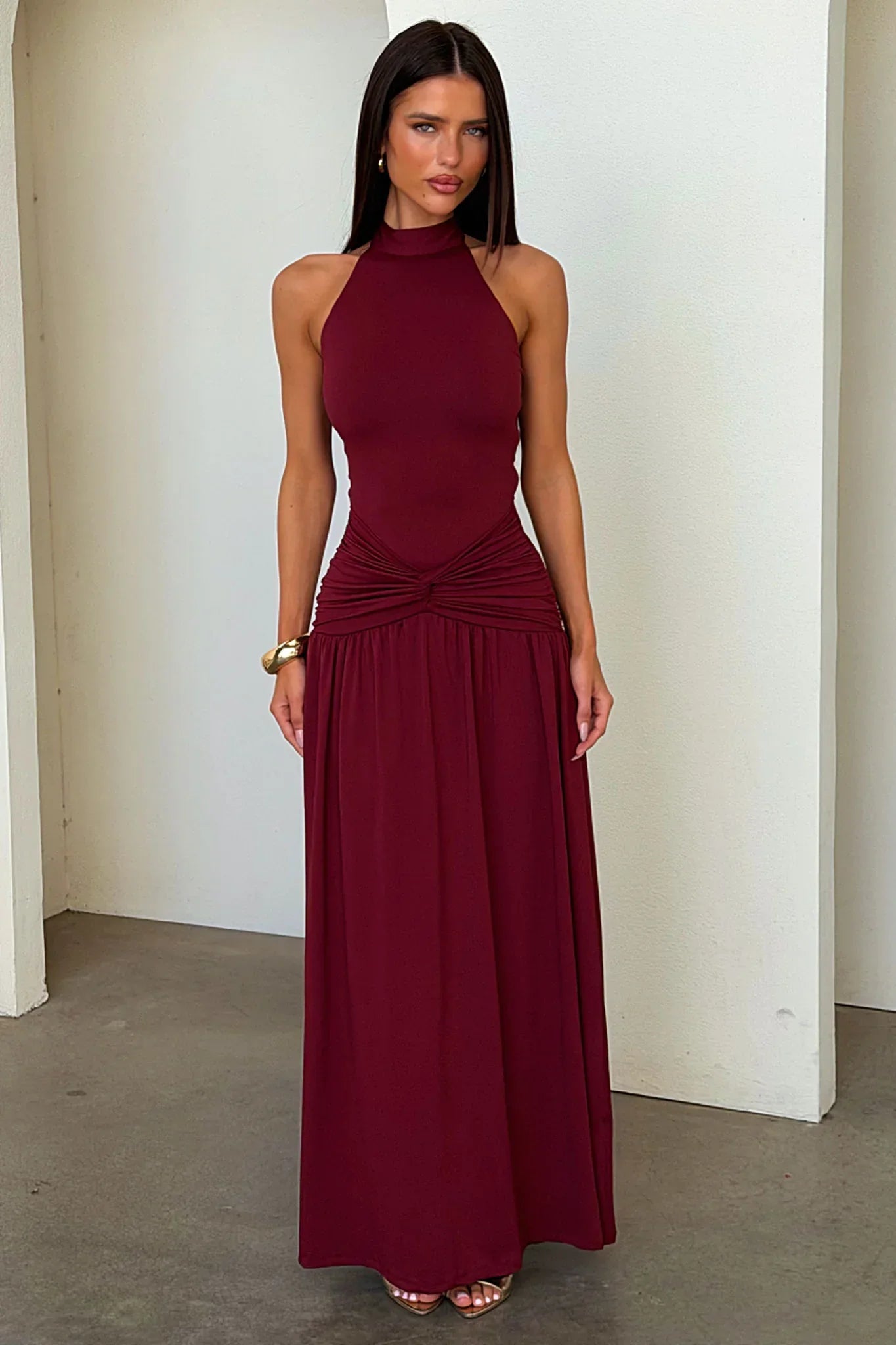 Tallulah High Neck Maxi Dress - Burgundy
