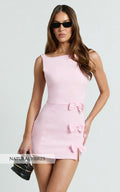 Arna Mini Dress - High Neck Fitted Bow Detail Leg Split Fitted Dress In Pink