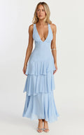 Beryl Midi Dress - Deep V Neck Sleeveless Layered Dress In Blue