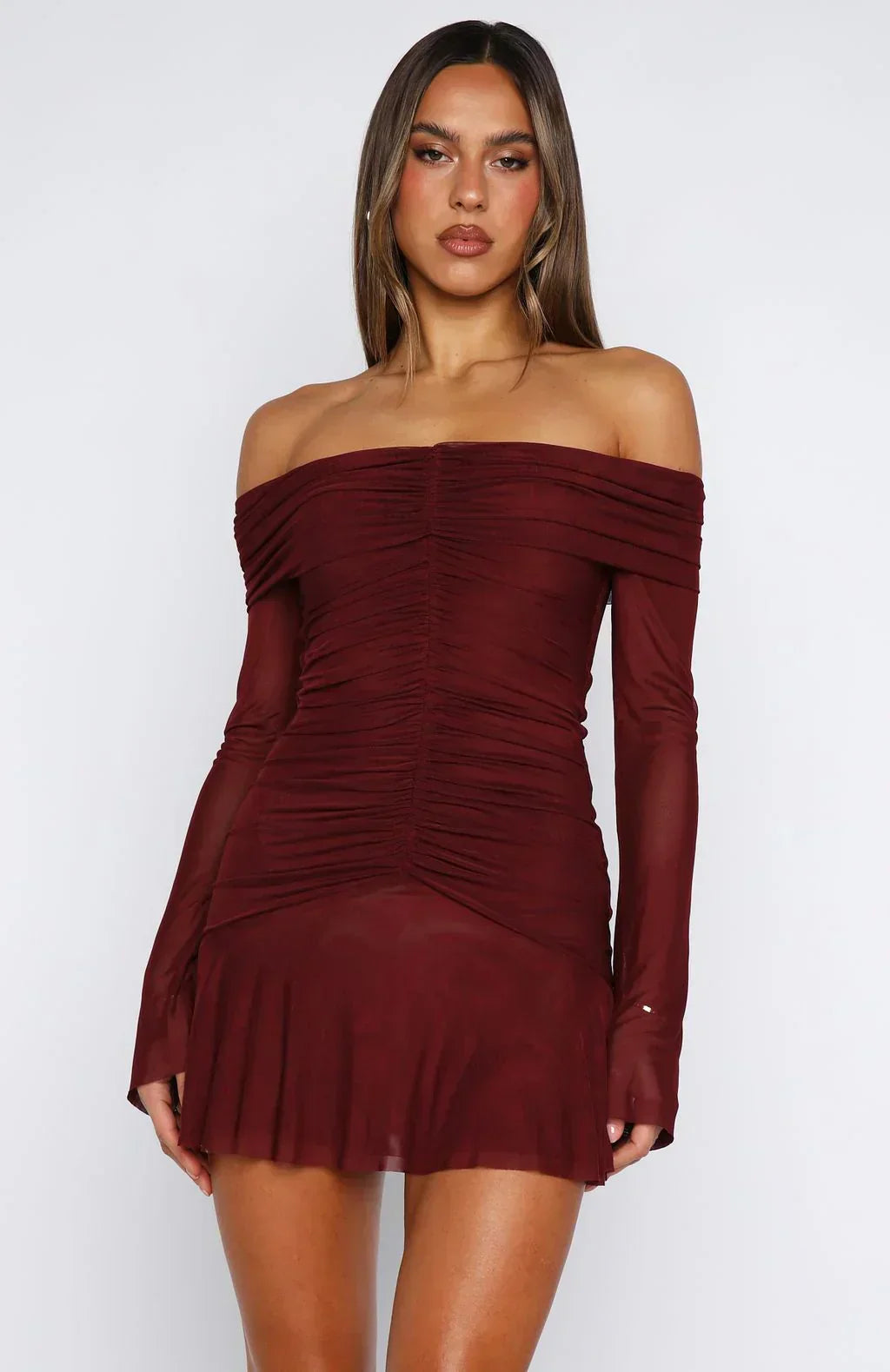 Dreaming Of Yesterday Long Sleeve Mini Dress Burgundy
