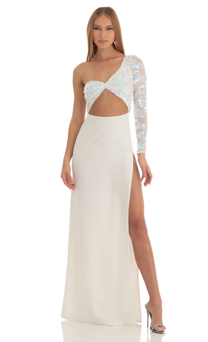 Iridescent Sequin One Shoulder Maxi Dress in White