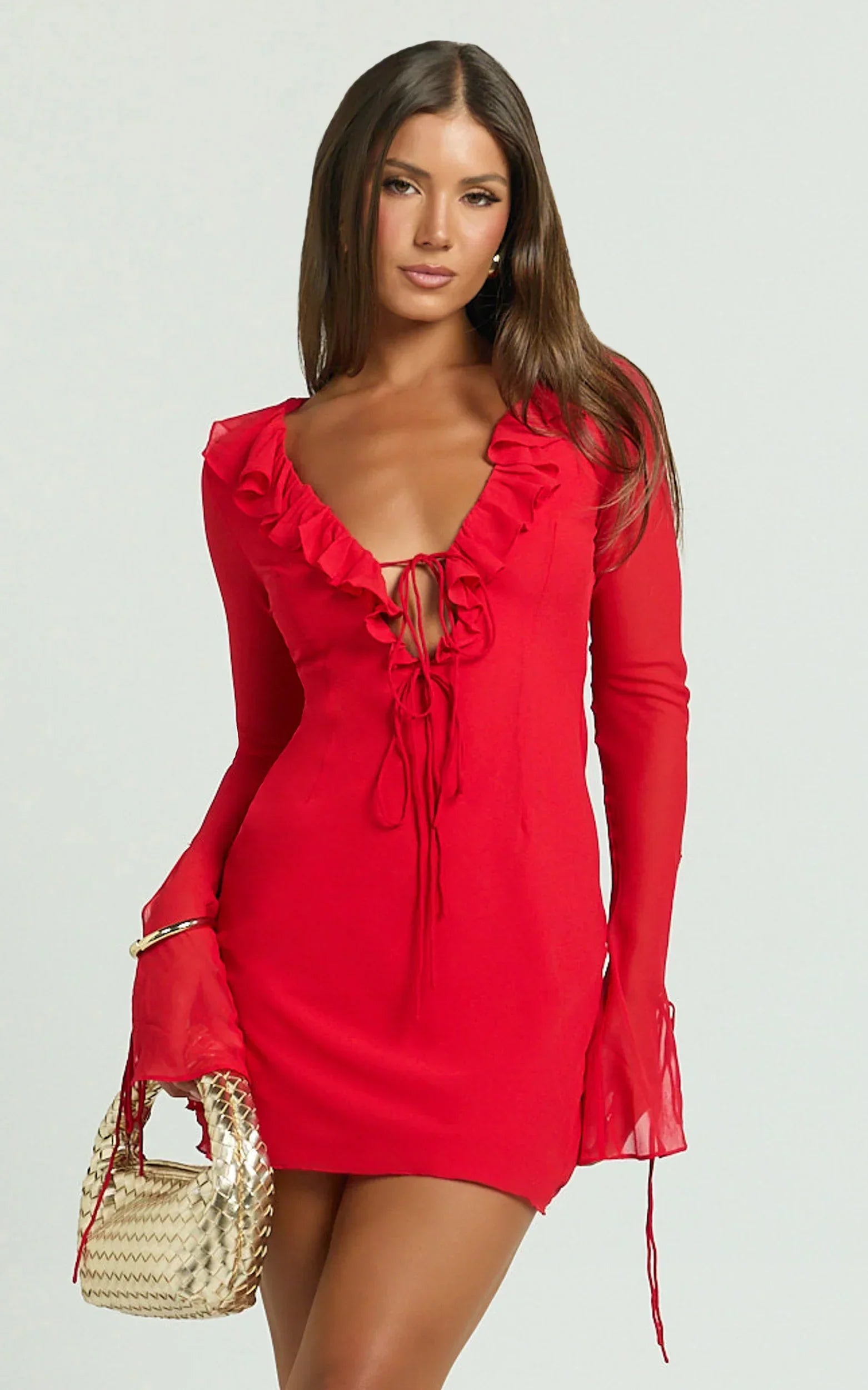 Alesya Mini Dress - Ruffle Plunge Neck Long Sleeve Tie Detail Dress In Red