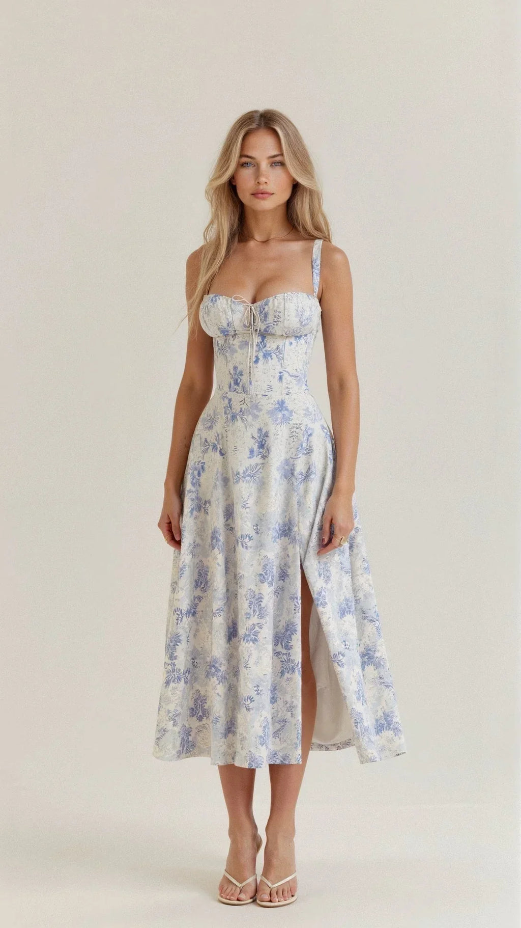 Corset Midi Dress – Tailored Waist And Flowing Skirt