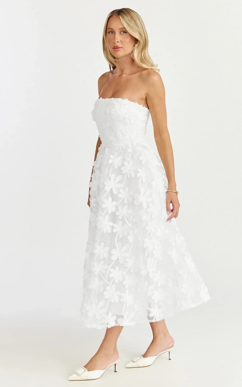 Rheiva Midi Dress - Strapless 3D Embroidery Midi Dress In White