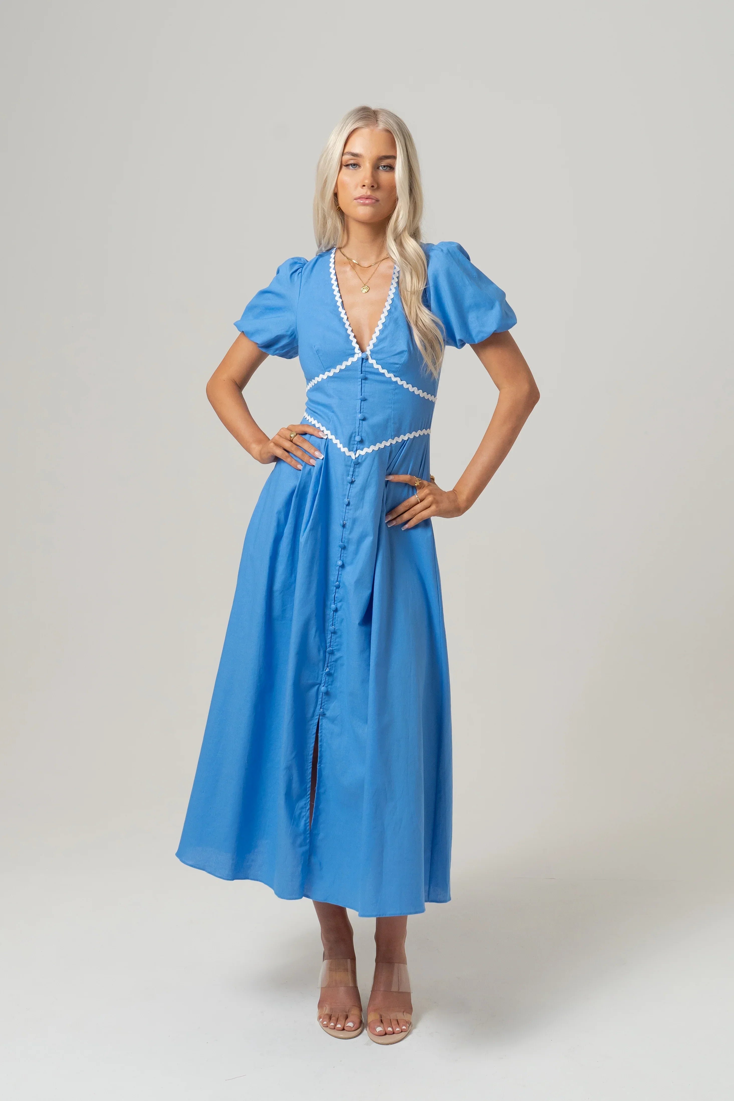 Eden Puff Sleeve Blue Midi Dress With Ric Rac Trims
