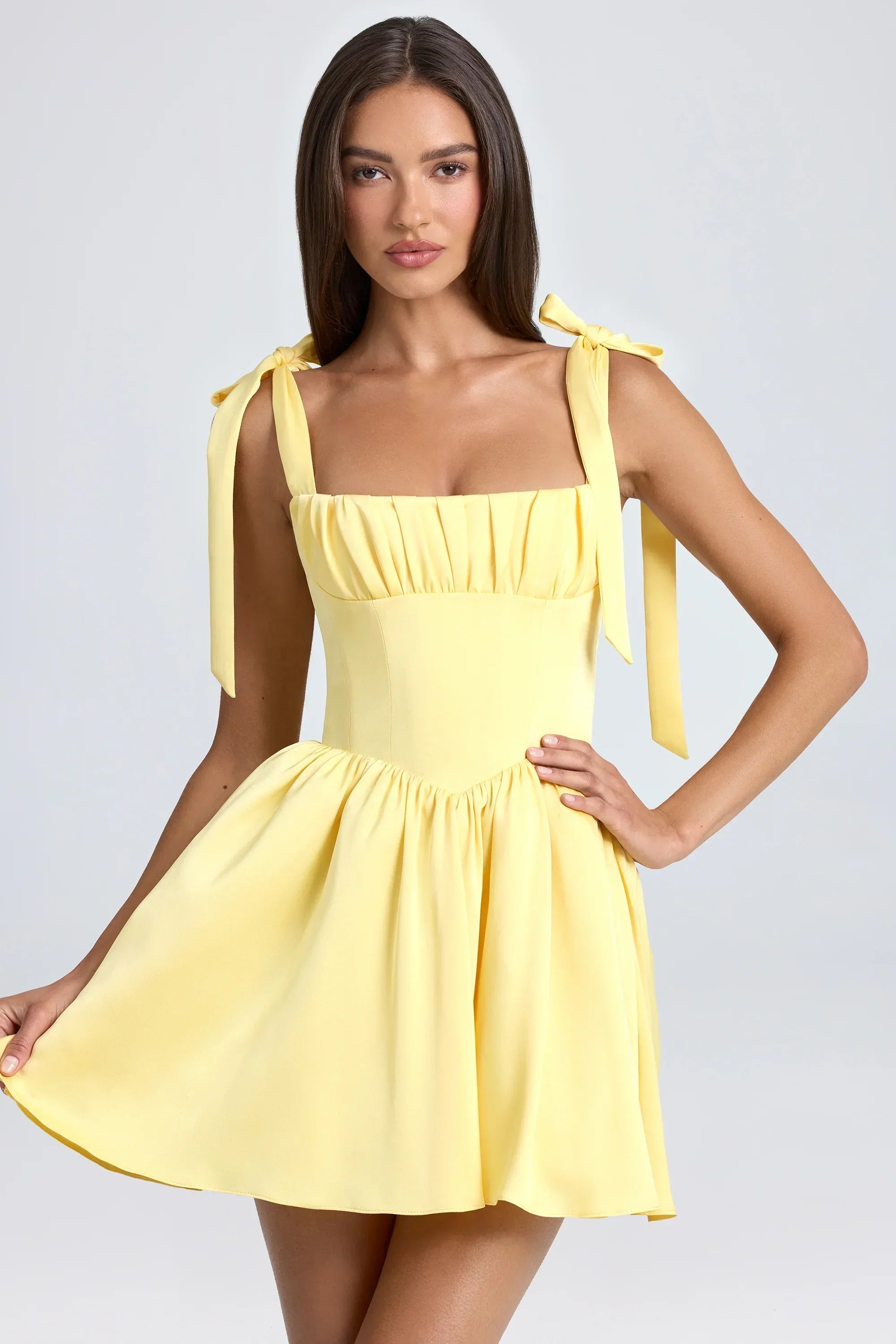 Draped Corset Mini Dress In Lemon Sherbet