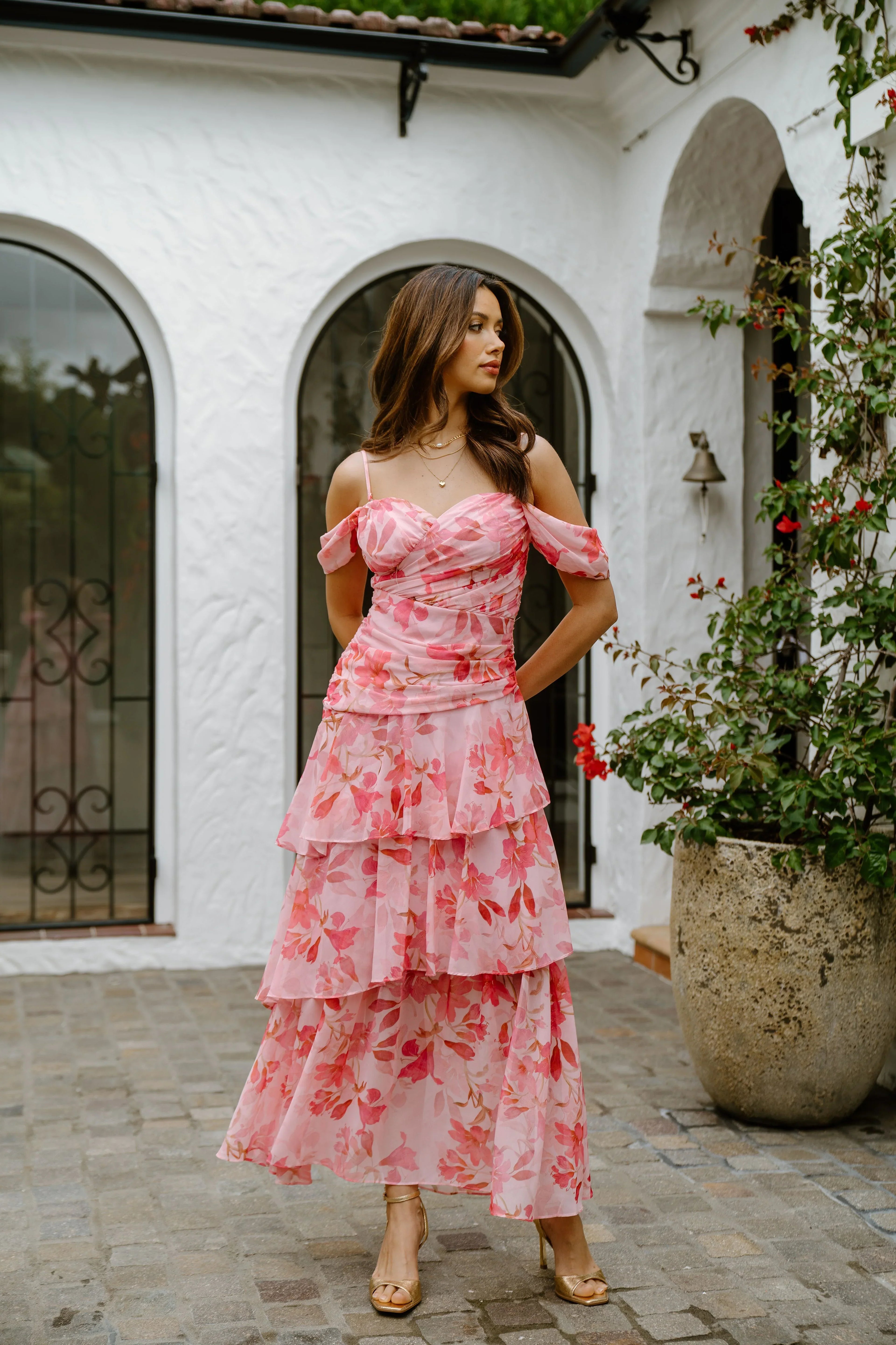 Jenna Drop Shoulder Pink Floral Maxi Dress