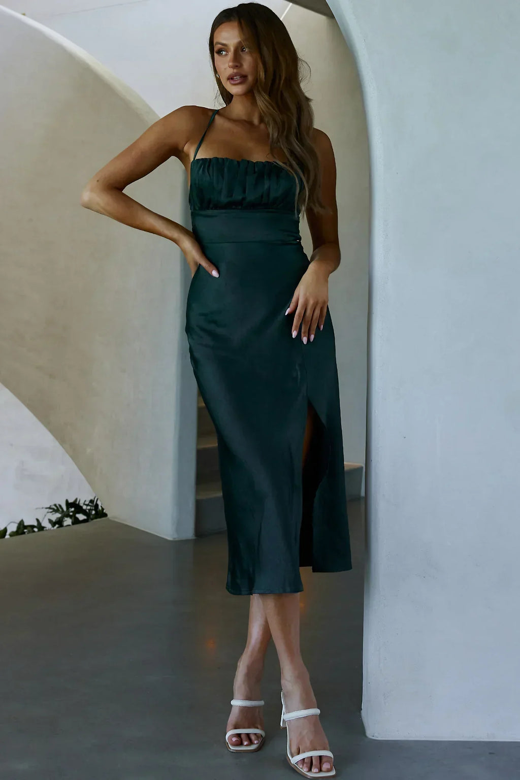 Lakoda Gathered Bust Bow Tie Back Midi Dress Forest Green