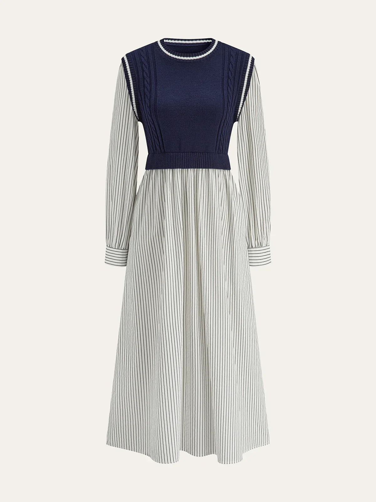 2 In 1 Cable-Knit Paneled Striped Midi Dress