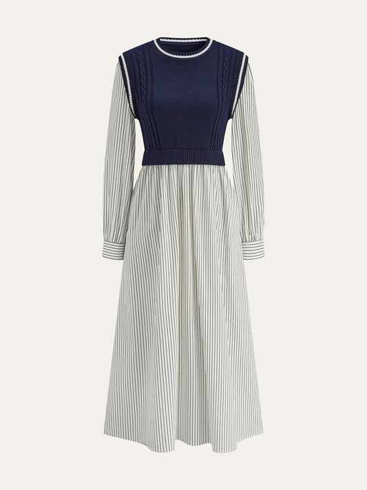 2 In 1 Cable-Knit Paneled Striped Midi Dress