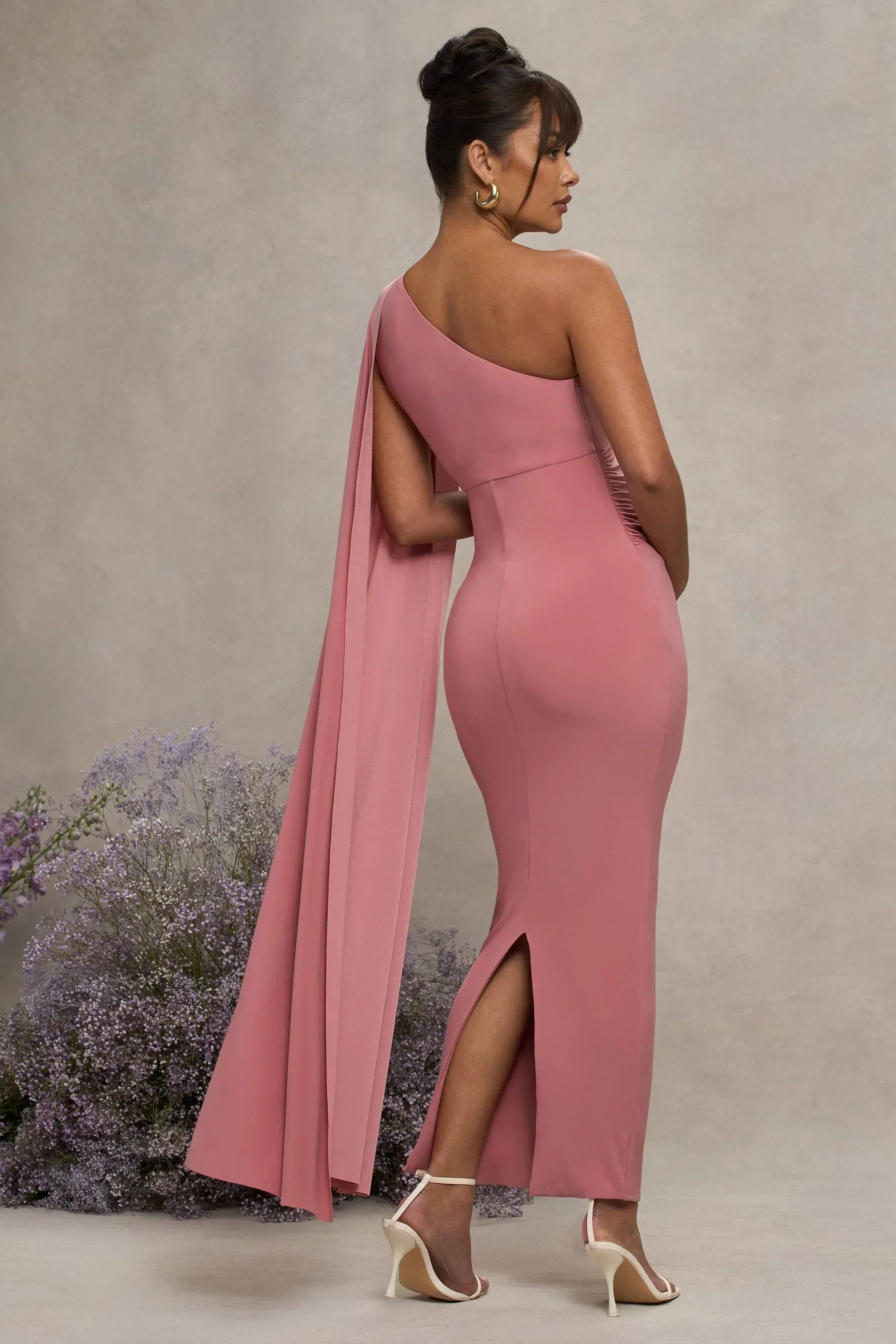 Amaryllis | Blush Pink Maternity One Shoulder Maxi Dress With Cape Sleeve