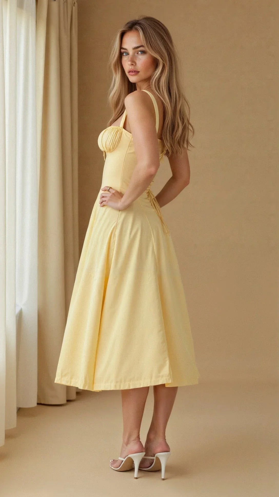 Corset Midi Dress – Tailored Waist And Flowing Skirt