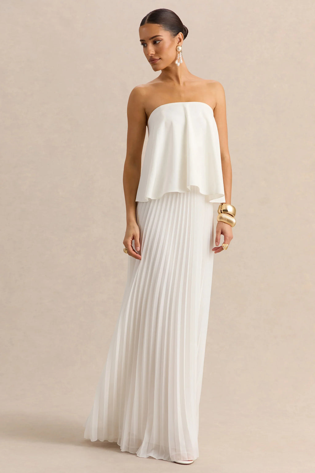 Saralyn White Bandeau Maxi Dress With Pleated Skirt