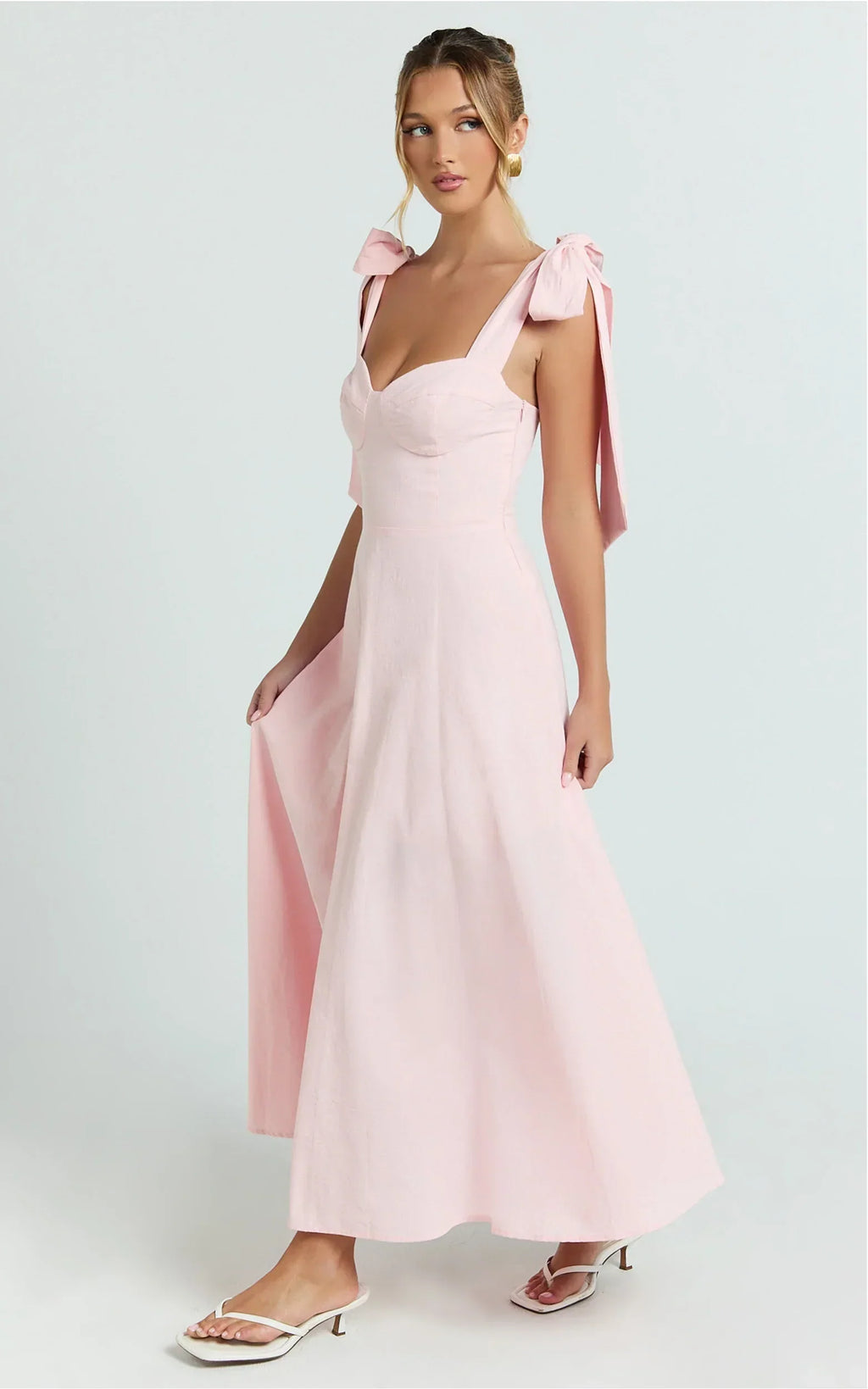 Tymia Midi Dress - Shoulder Tie Bustier Shirred Back A Line In Pink