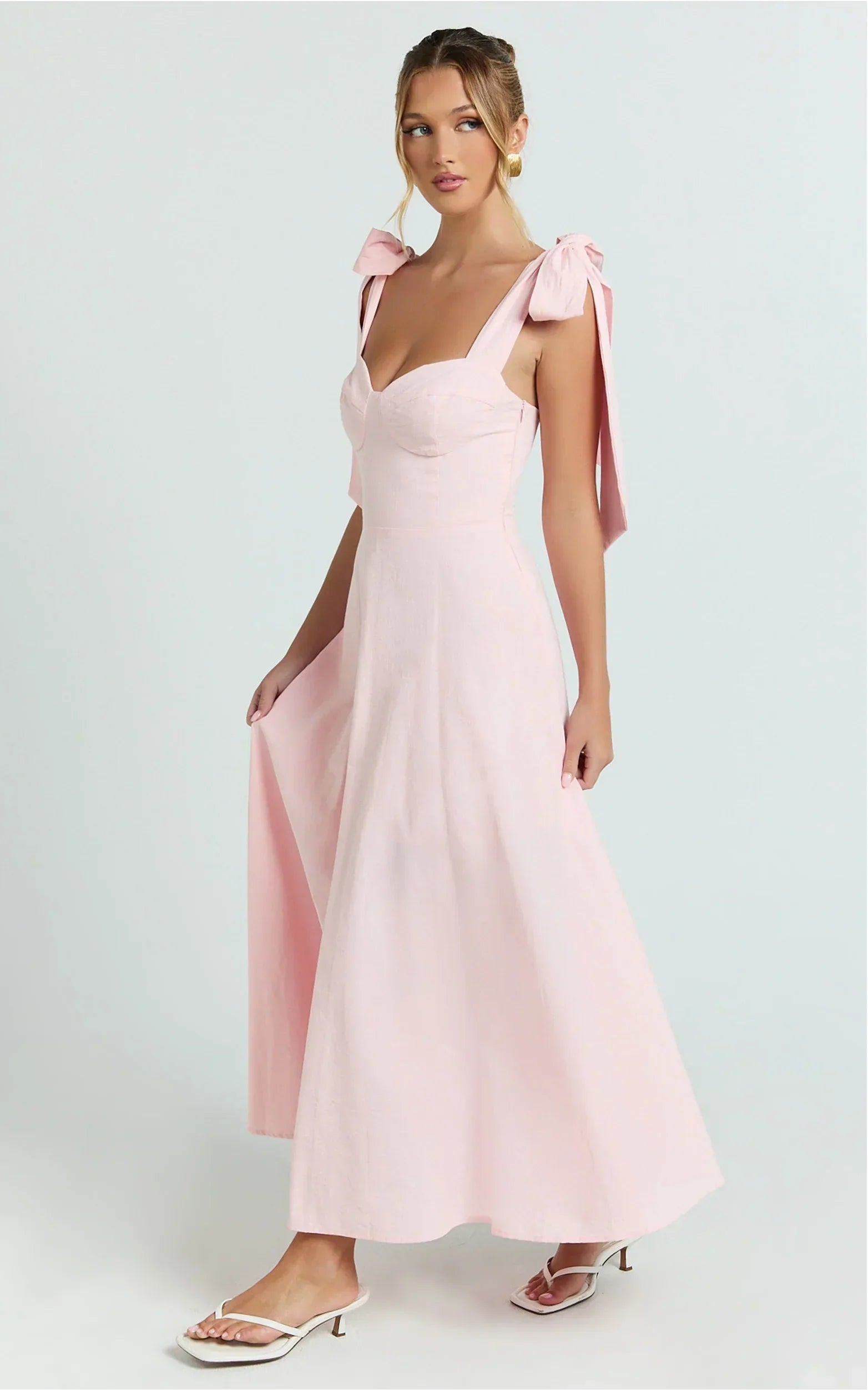 Tymia Midi Dress - Shoulder Tie Bustier Shirred Back A Line In Pink