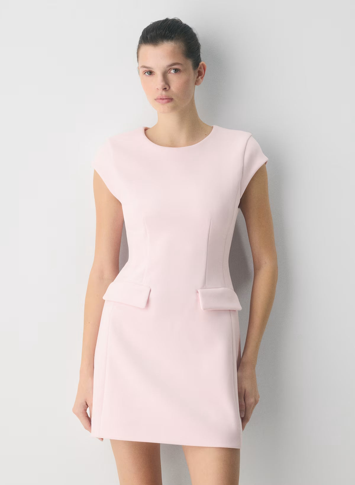 Crepe Crewneck Mini Dress With Cap Sleeves