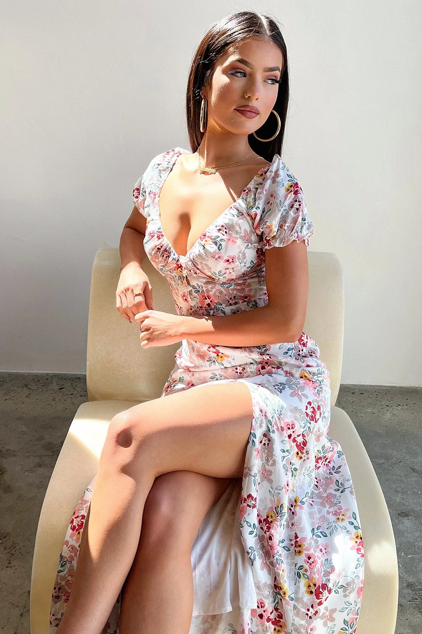 Solem Midi Dress - White / Pink Floral