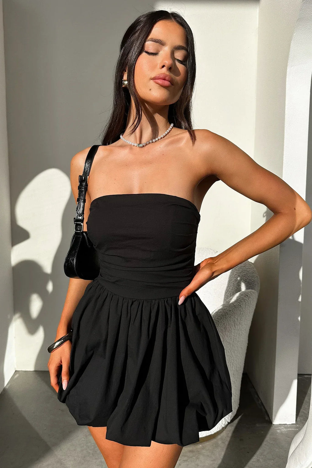 Olicia Strapless Bubble Skirt Mini Dress - Black