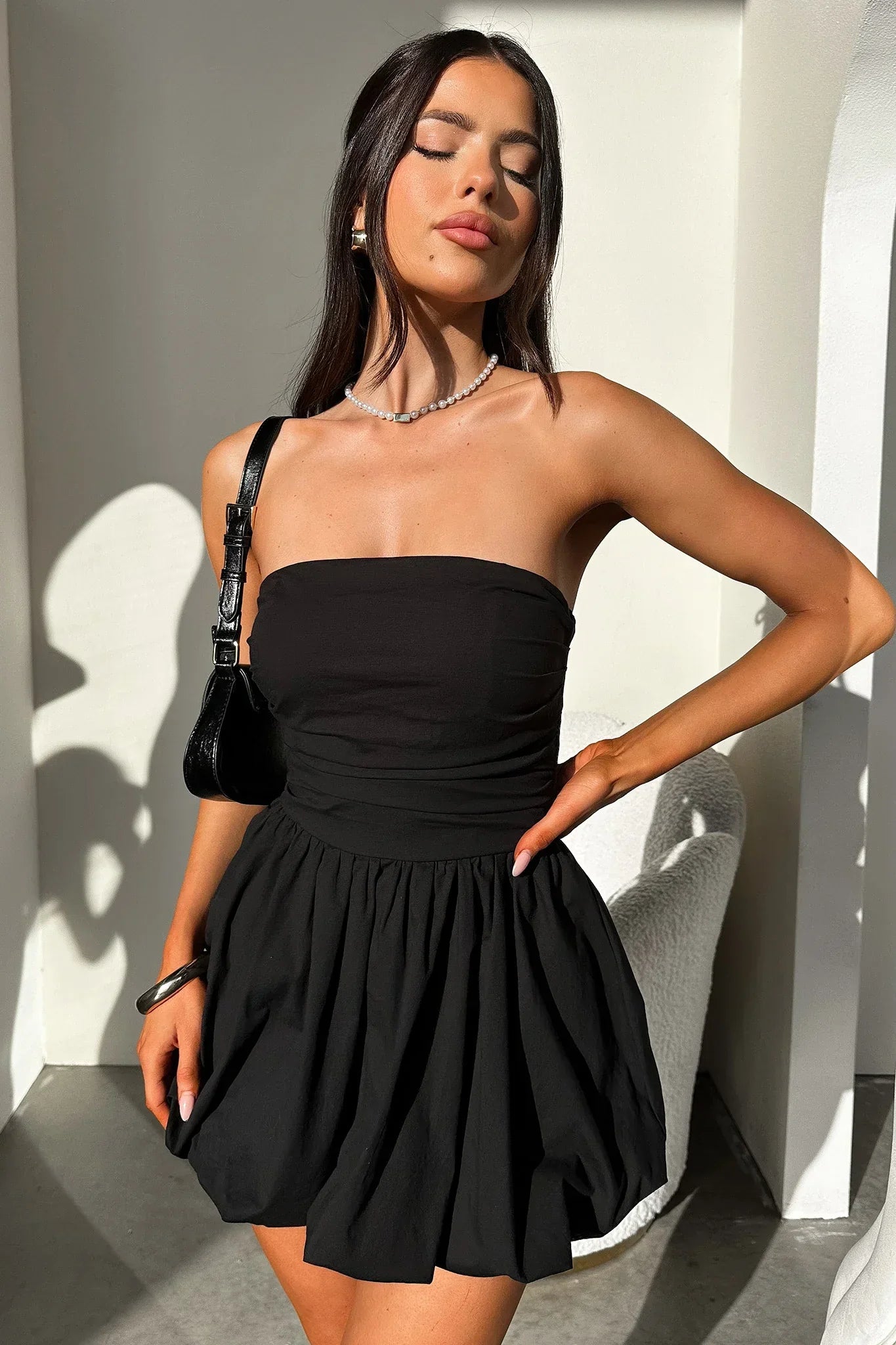 Olicia Strapless Bubble Skirt Mini Dress - Black