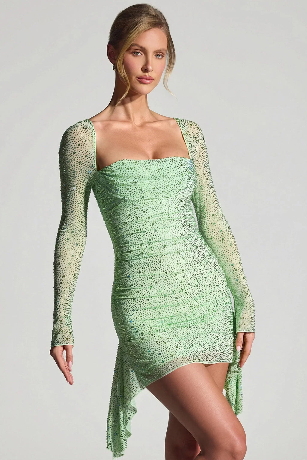 Embellished Draped Cowl-Neck Mini Dress In Pistachio