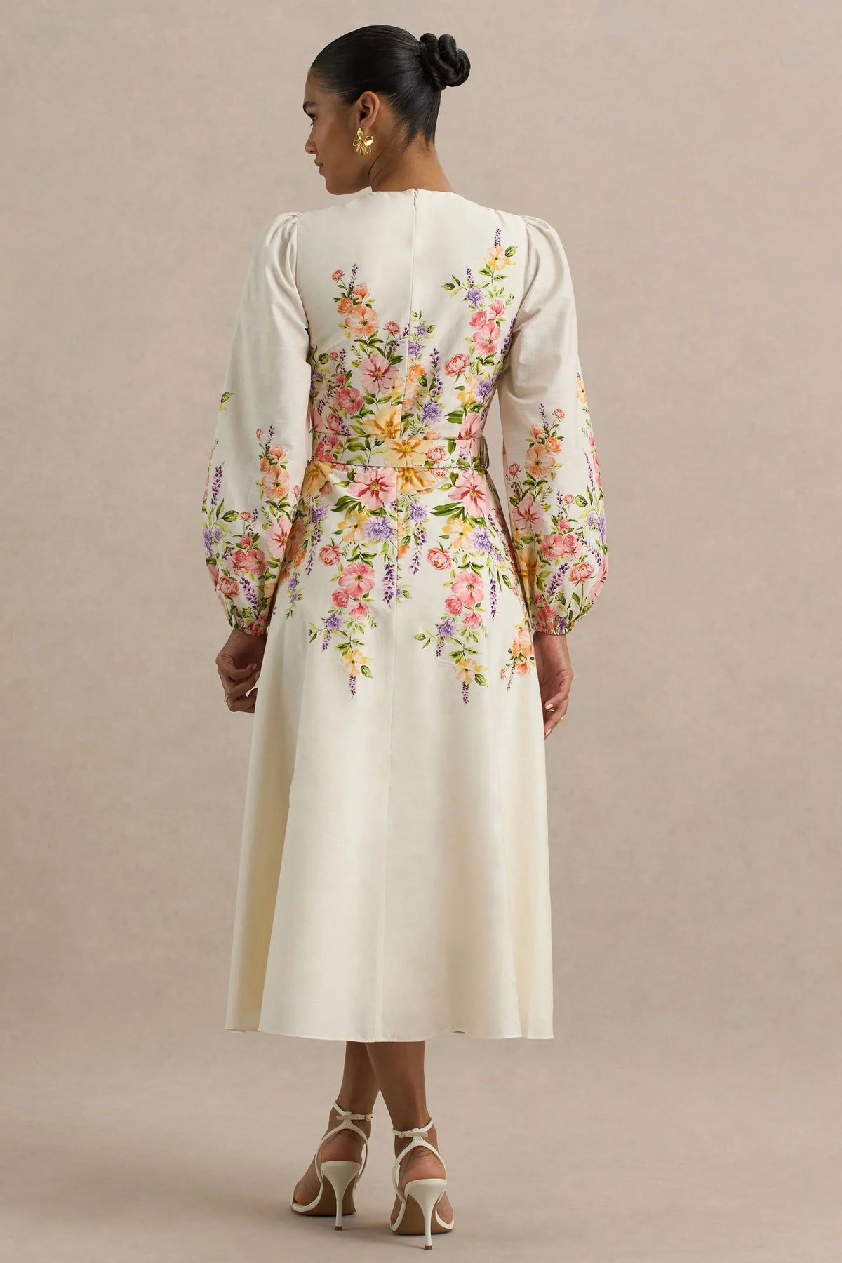 Dahlia | White Floral Border Print High-Neck Midi Dress